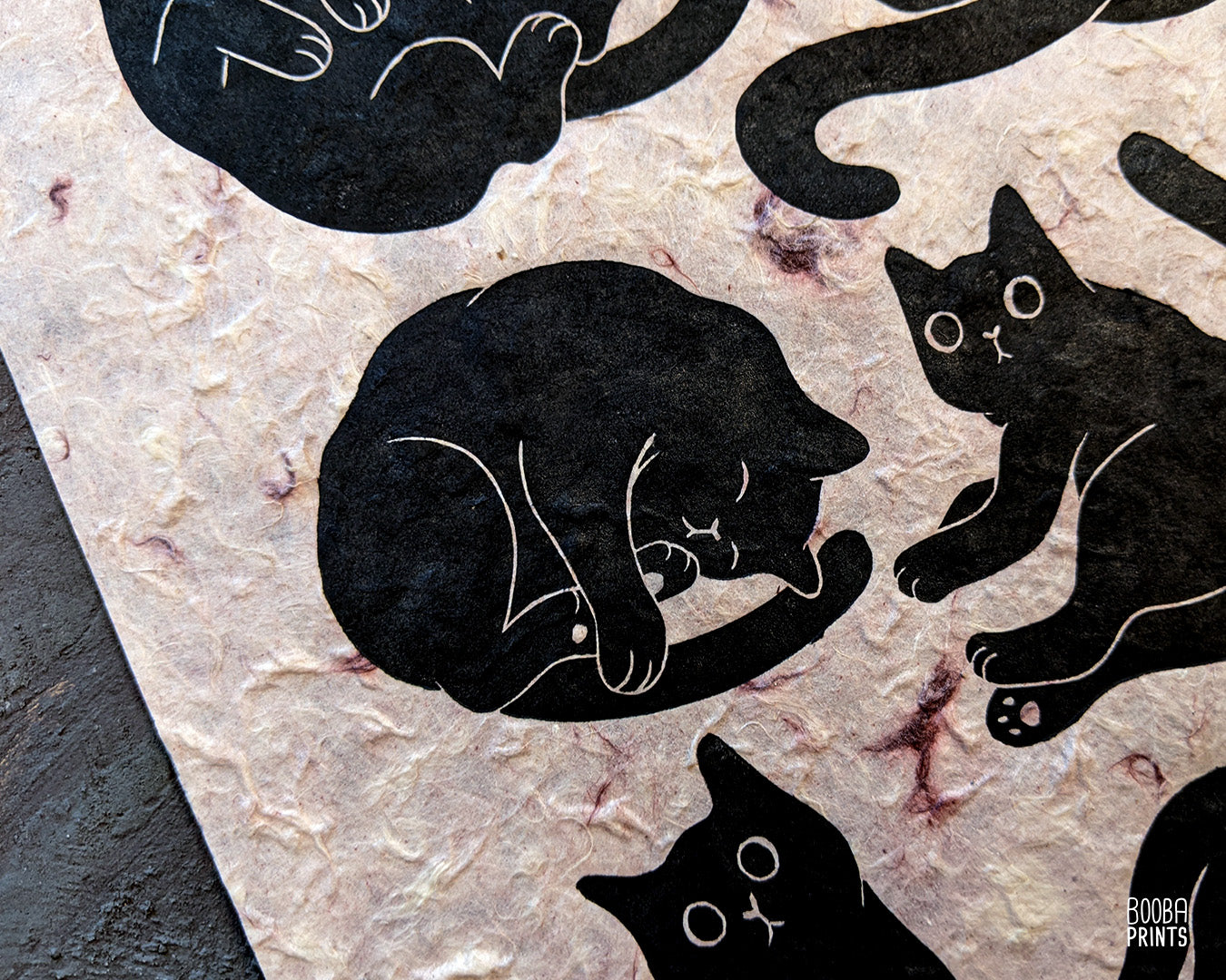 Original handmade linocut print of 12 black cats, cute print on natural lokta paper or STUNNING pink Himalayan paper, cat lover print, print for home decor and gallery wall, add this to your space to spark joy and get inspired. Print by Booba Prints