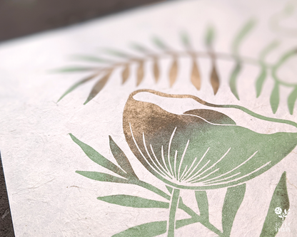 Limited Edition #7 Green & Gold Flowers Linocut Print