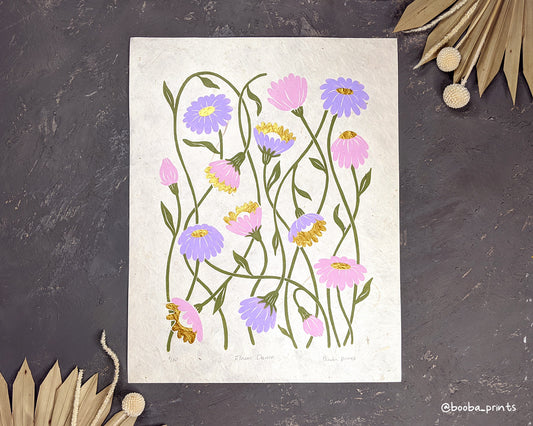 Original linocut 4 color linocut illuminated print named "Flower Dance". Printed in pink, purple and green and finished with gold touches. Elegant print for home decor. Flower lover gift. Print for gallery wall, studio decor, office decor. Art by Booba Prints