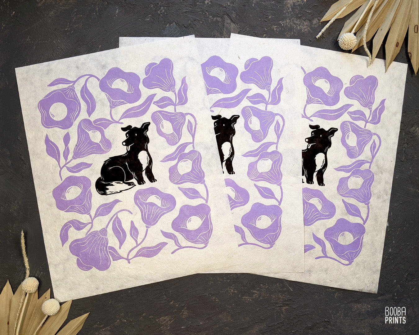 Original handmade linocut print of Happy Dog & Purple Flowers. 2 color hand printed design, printed by hand with black and purple ink on natural Lokta paper 50 gsm, dog lover gift, cute dog print, birthday or housewarming gift, flower lover and dog lover gift. Art by Booba Prints