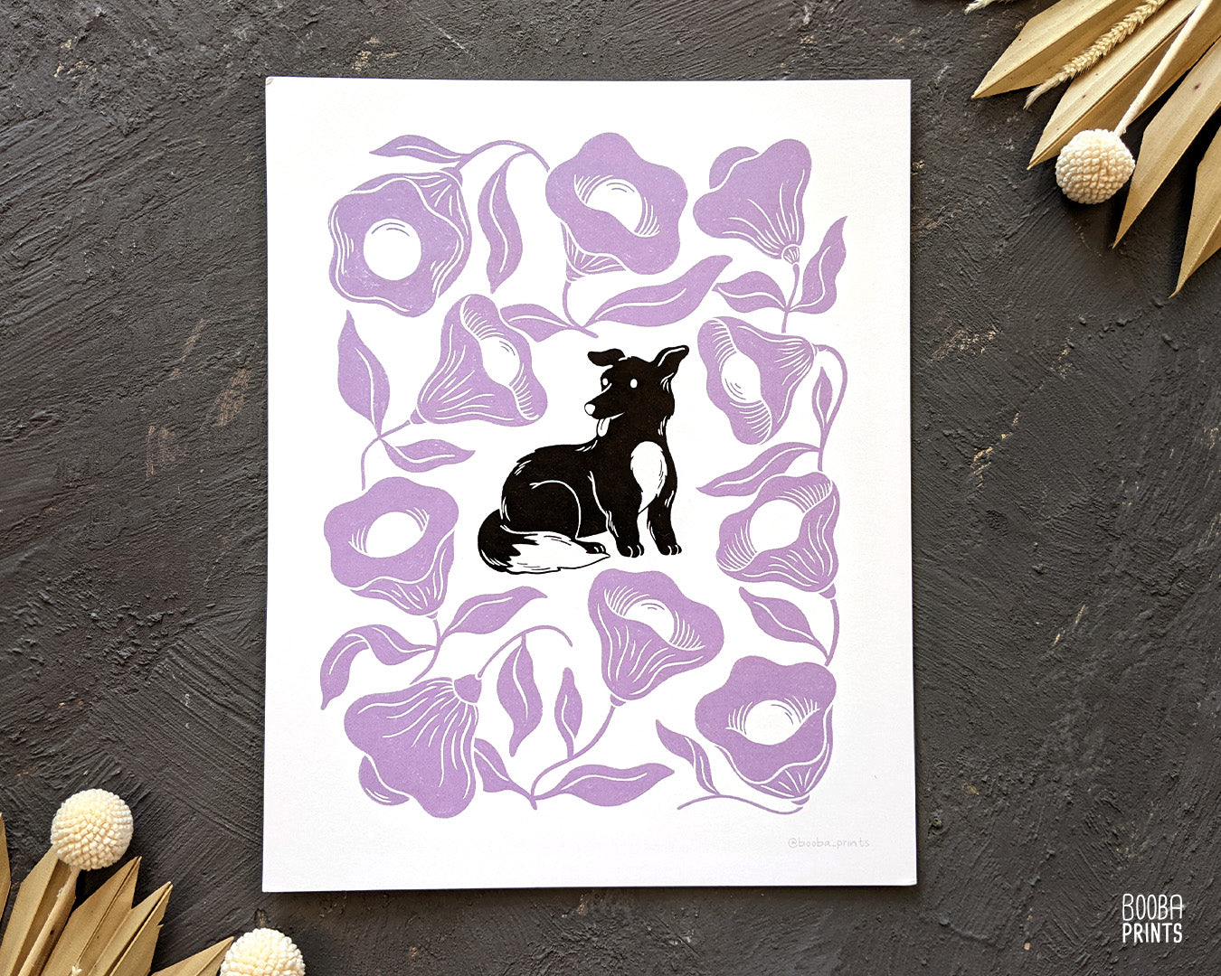 Dog & Flowers Linocut Print