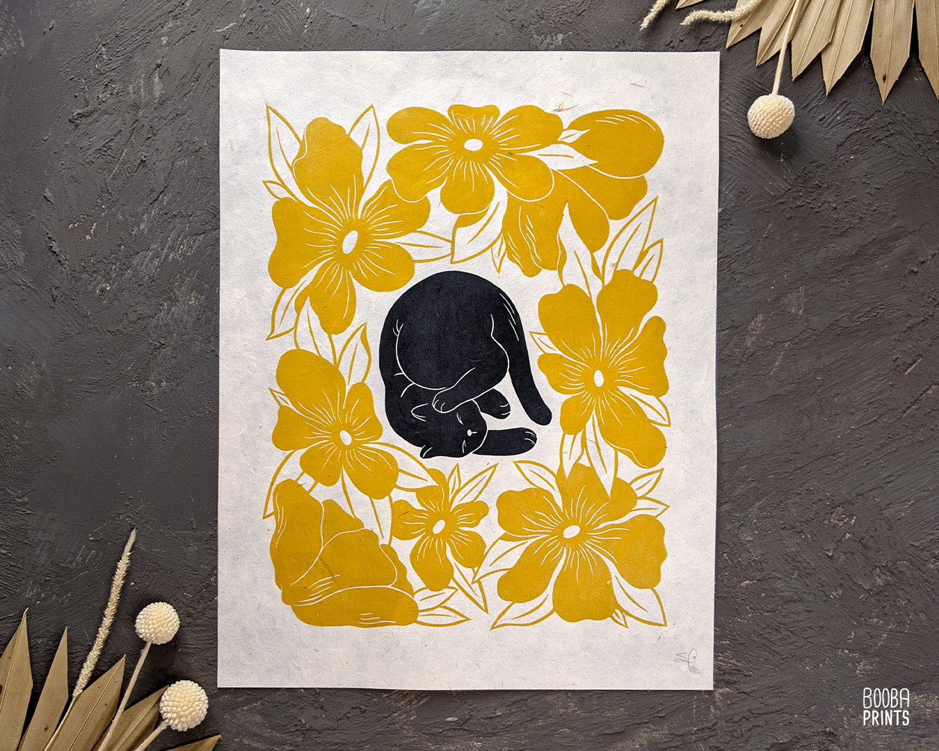 Handmade linocut print of lazy cat and yellow flowers. Original handmade linocut print of black cat. cute cat print. Cat lover print for gallery wall. wall art print. Art by Booba Prints