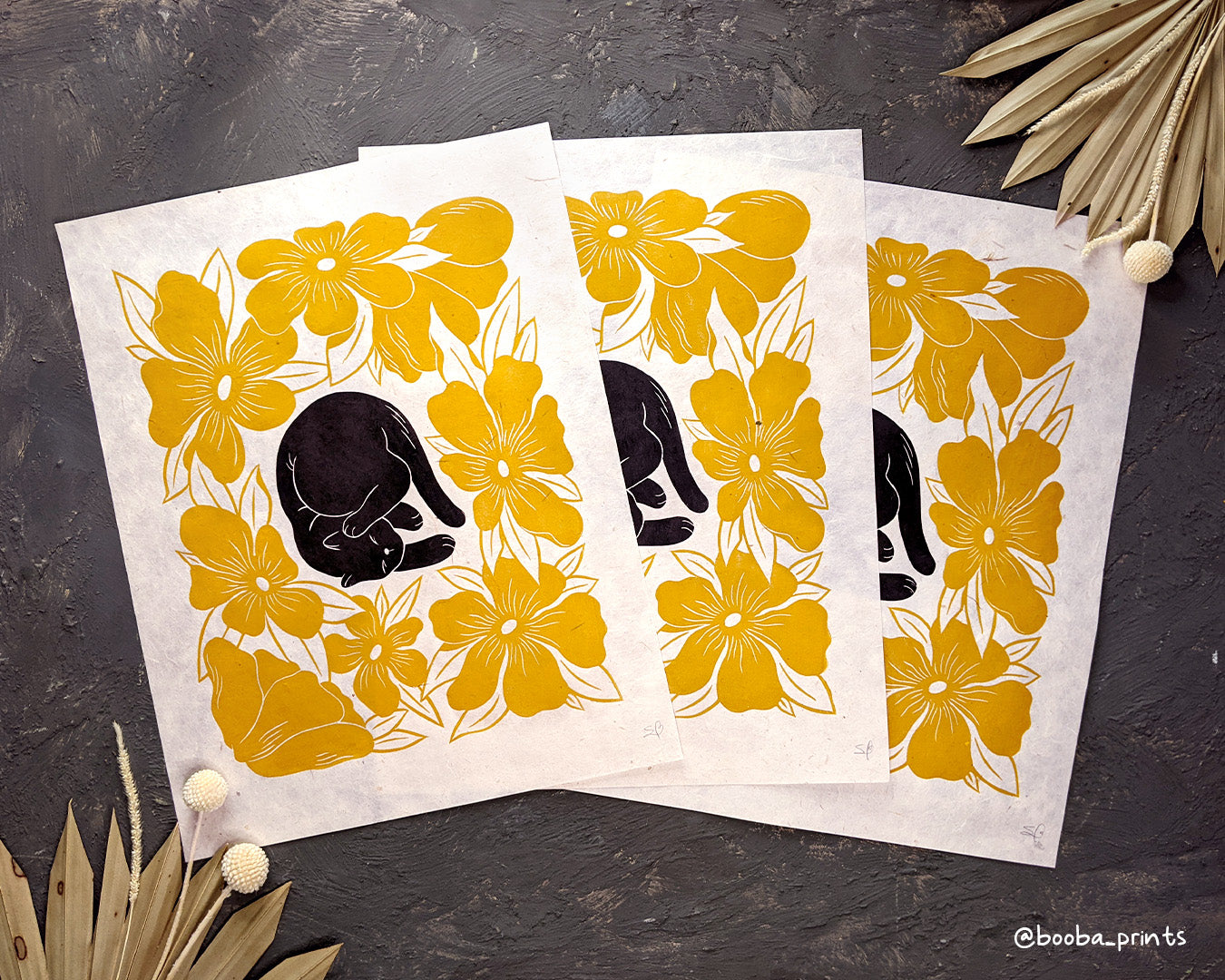 Handmade linocut print of lazy cat and yellow flowers. Original handmade linocut print of black cat. cute cat print. Cat lover print for gallery wall. wall art print. Art by Booba Prints