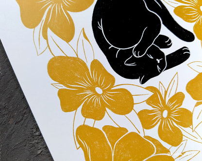 Lazy Black Cat & Yellow Flowers Art Print ✷ 40% Off!