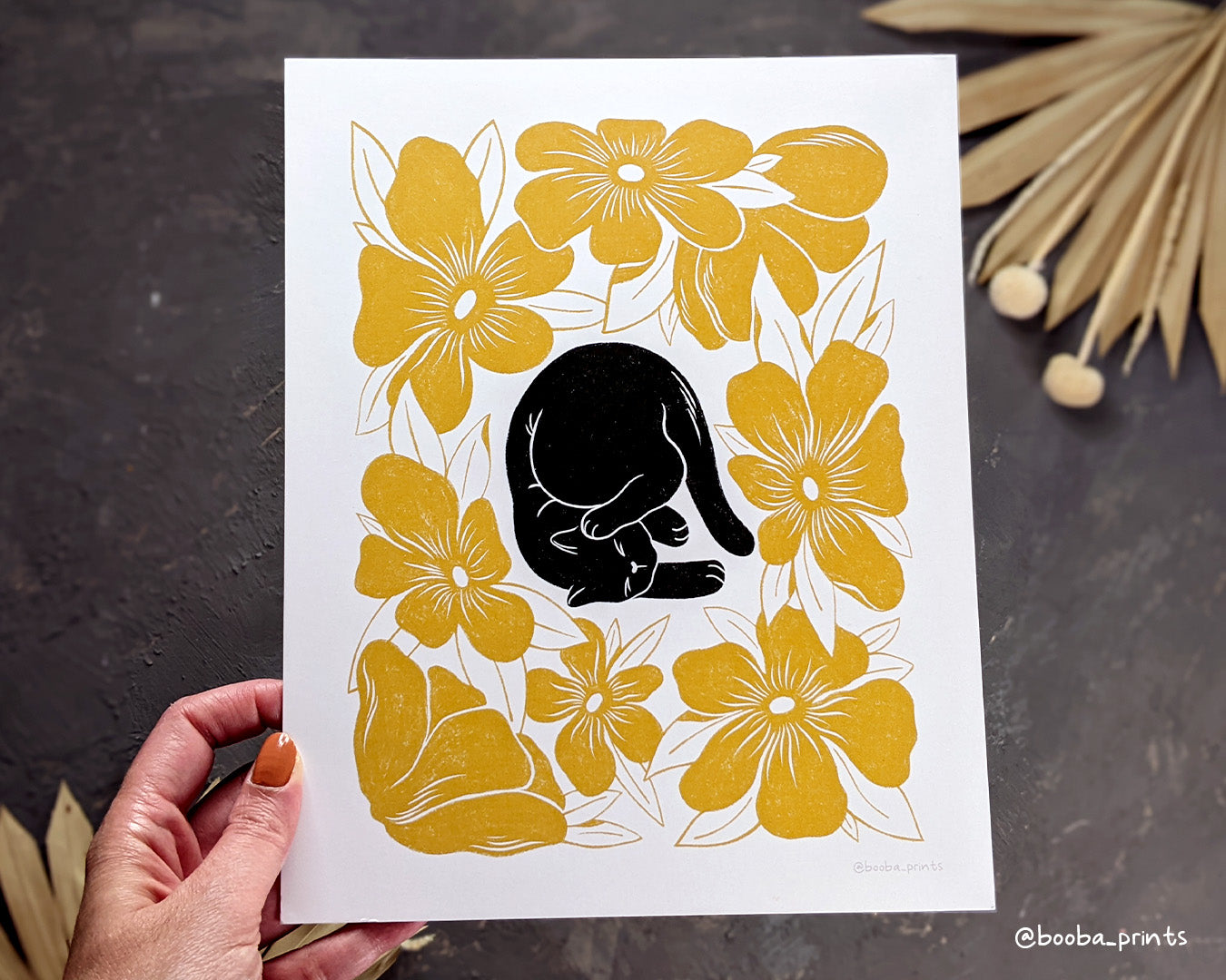 Lazy Black Cat & Yellow Flowers Linocut Print