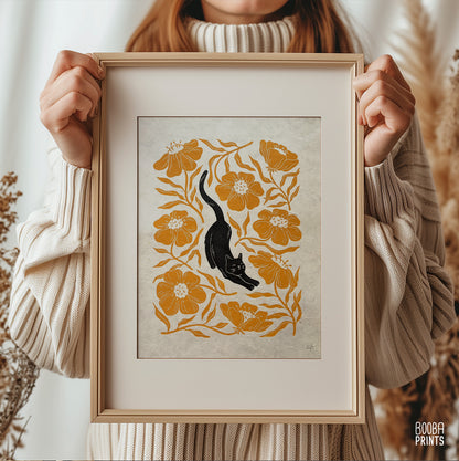 Stretchy Cat & Orange Flowers ✷ Cat Lover Print