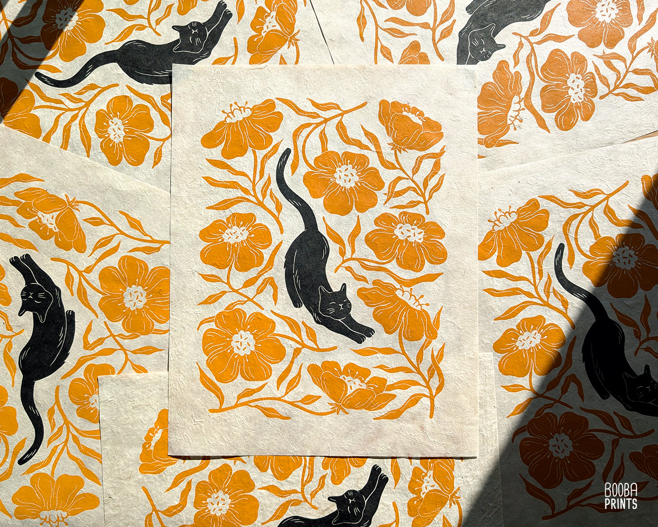 Stretchy Cat & Orange Flowers ✷ Cat Lover Print