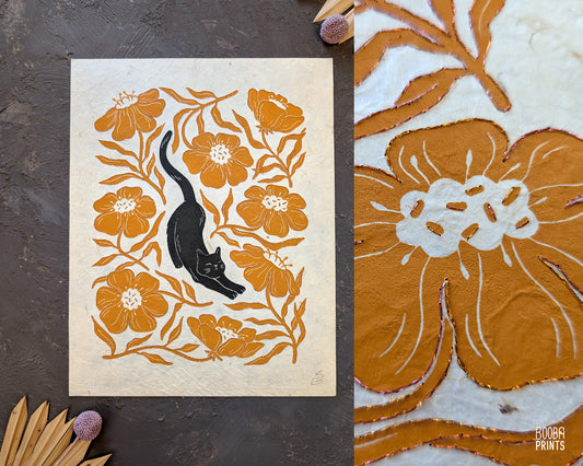 Stretchy Cat & Orange Flowers Hand Embroidered Linocut Print ✷Mixed Media Print
