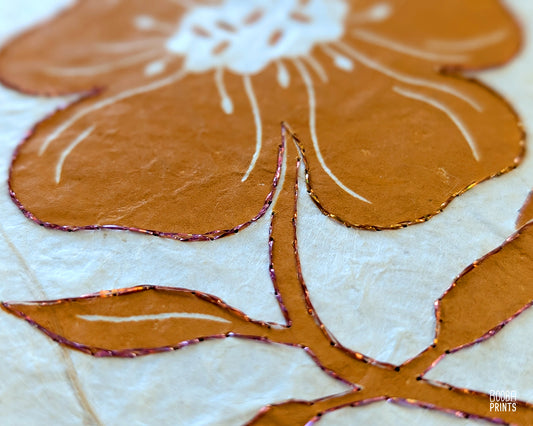 Stretchy Cat & Orange Flowers Hand Embroidered Linocut Print ✷Mixed Media Print