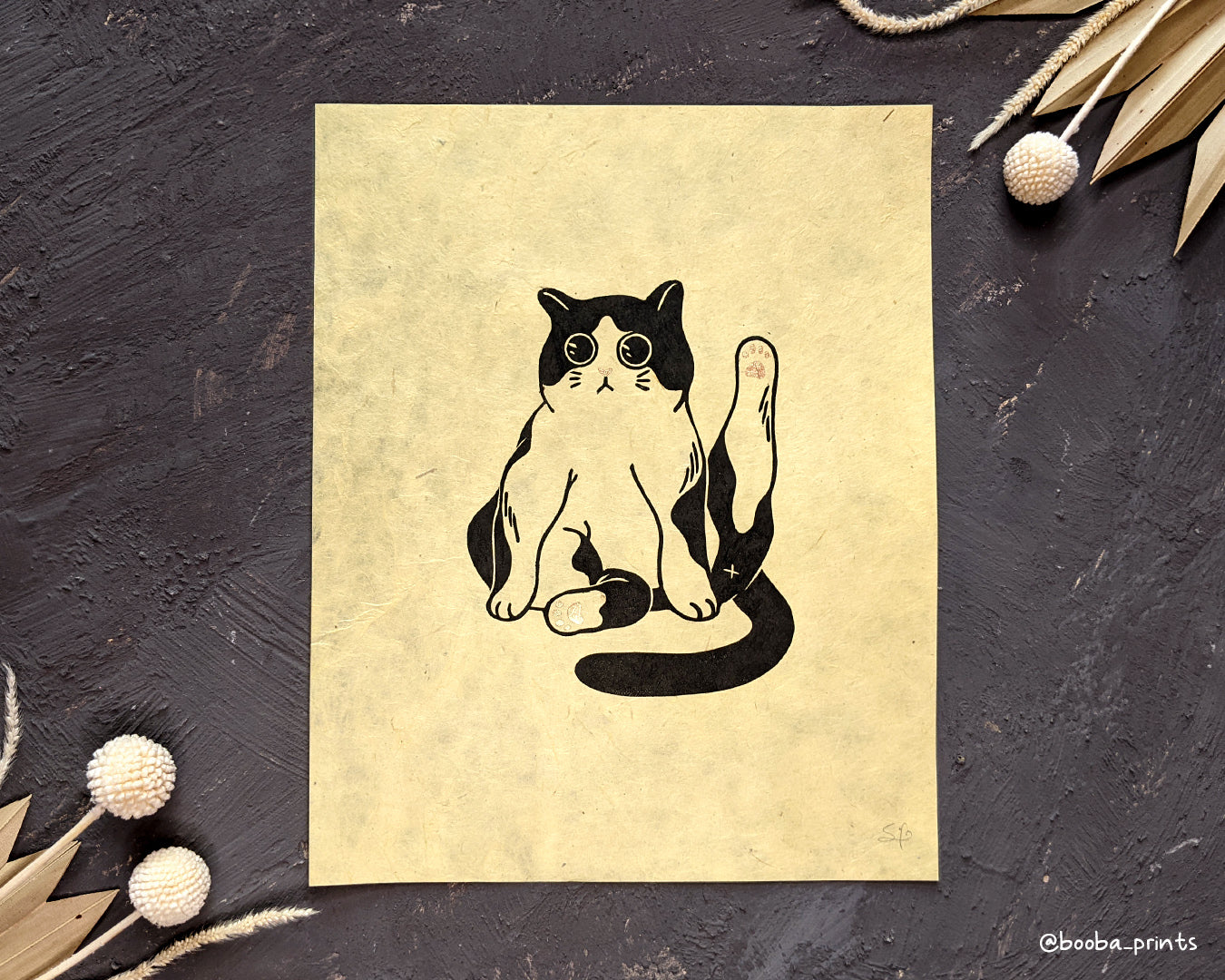 Handmade linocut original print of tuxedo cat. Black white and gold print. Hand printed after carving a linoleum block. Cat lover print. Different color option. Art by Booba Prints.