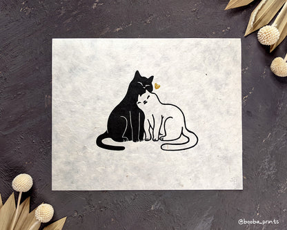 Handmade linocut original print of Snuggly Cats and gold heart, my beloved romantic print, a perfect gift for a cat lover. Cat print for home decor. Art by Booba Prints