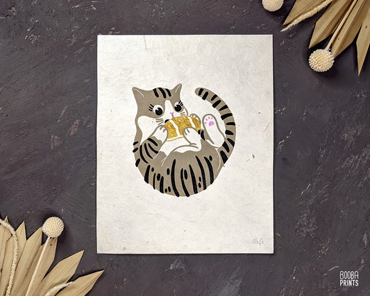 Coconut Bun Cat Linocut Print