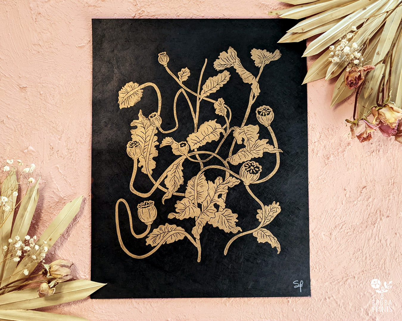 Handmade and original linocut floral print. Floral composition printed in metallic gold on black Lokta paper. Flower love gift. Floral print by Booba Prints. Print for home decoration and gallery wall. Decor lover gift. Art by Booba Prints