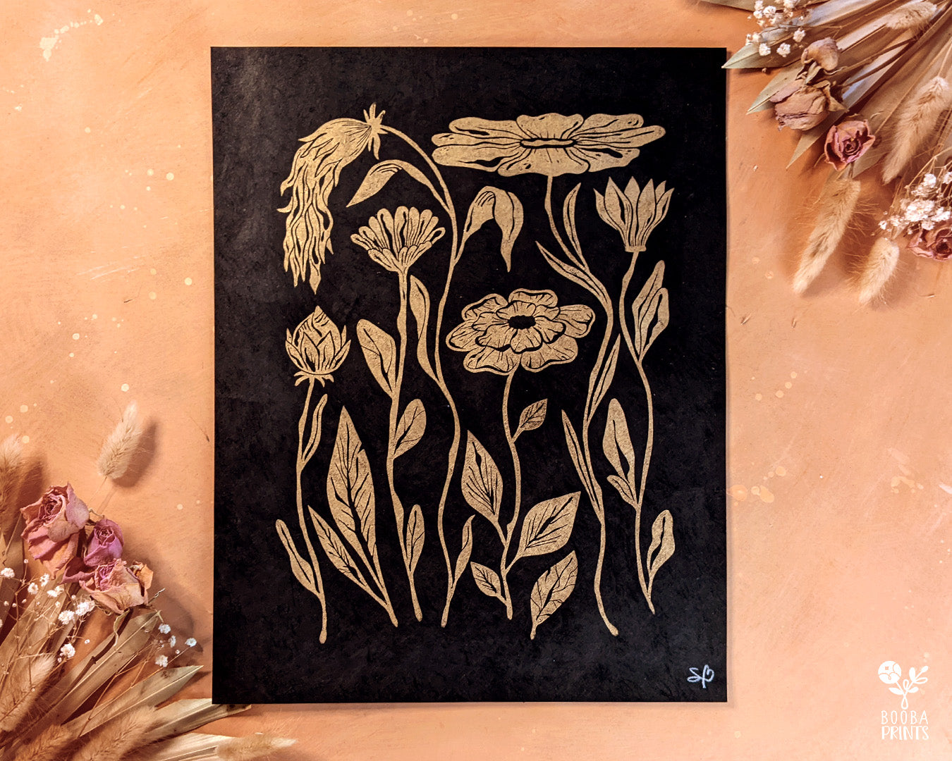 Handmade and original linocut floral print. Floral composition printed in metallic gold on black Lokta paper. Flower love gift. Floral print by Booba Prints. Print for home decoration and gallery wall. Decor lover gift. Art by Booba Prints