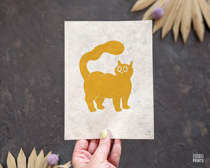 "Little Sausage Cat" original linocut print set, featuring 3 prints of 3 cute cats in different poses. Printed in green purple or yellow mustard, cute little print for cat lovers, Cute print for home decor by Booba Prints, Cat lover gift, cat illustration