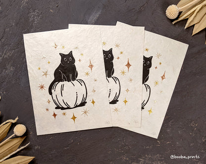 Pumpkin Cat & Gold Stars Linocut Print
