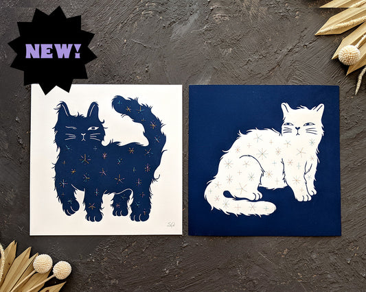 Embroidered Cat print set, Day & Nigh Cats, linocut print duo, Embroidered with shimmer thread, Original navy blue prints, Cat lover gift. Carved from linoleum block and printed by hand using a printing press, cat lover gift, mixed media wall art. Art by Booba Prints