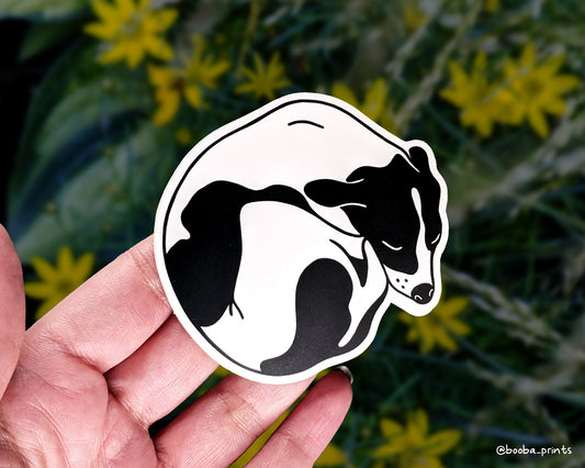 Vinyl dog sticker, black and white sticker of sleeping dog, waterproof sticker, laptop and planner sticker, cute gift for a dog lover. Art by Booba Prints