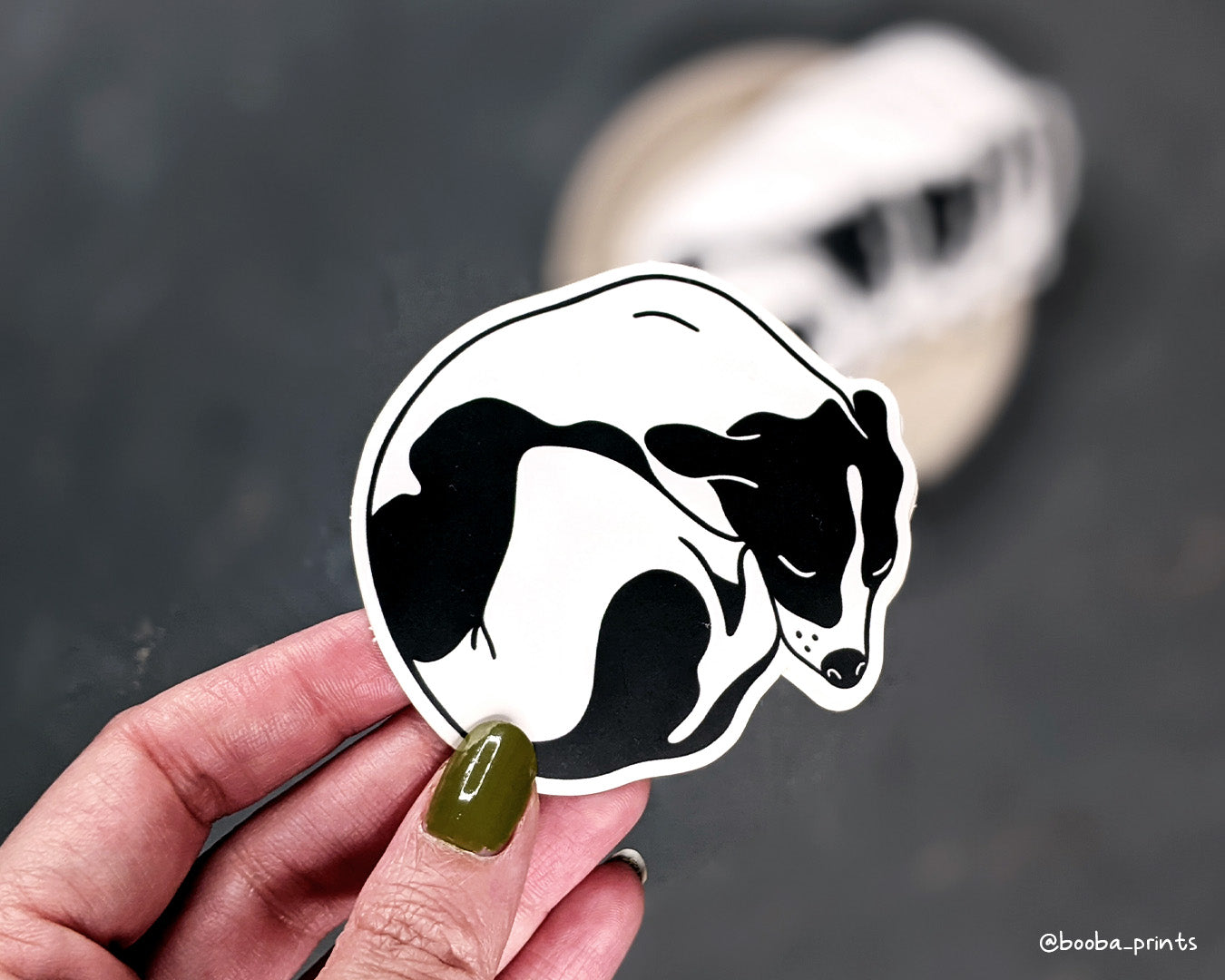 Vinyl dog sticker, black and white sticker of sleeping dog, waterproof sticker, laptop and planner sticker, cute gift for a dog lover. Art by Booba Prints