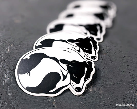 Vinyl dog sticker, black and white sticker of sleeping dog, waterproof sticker, laptop and planner sticker, cute gift for a dog lover. Art by Booba Prints