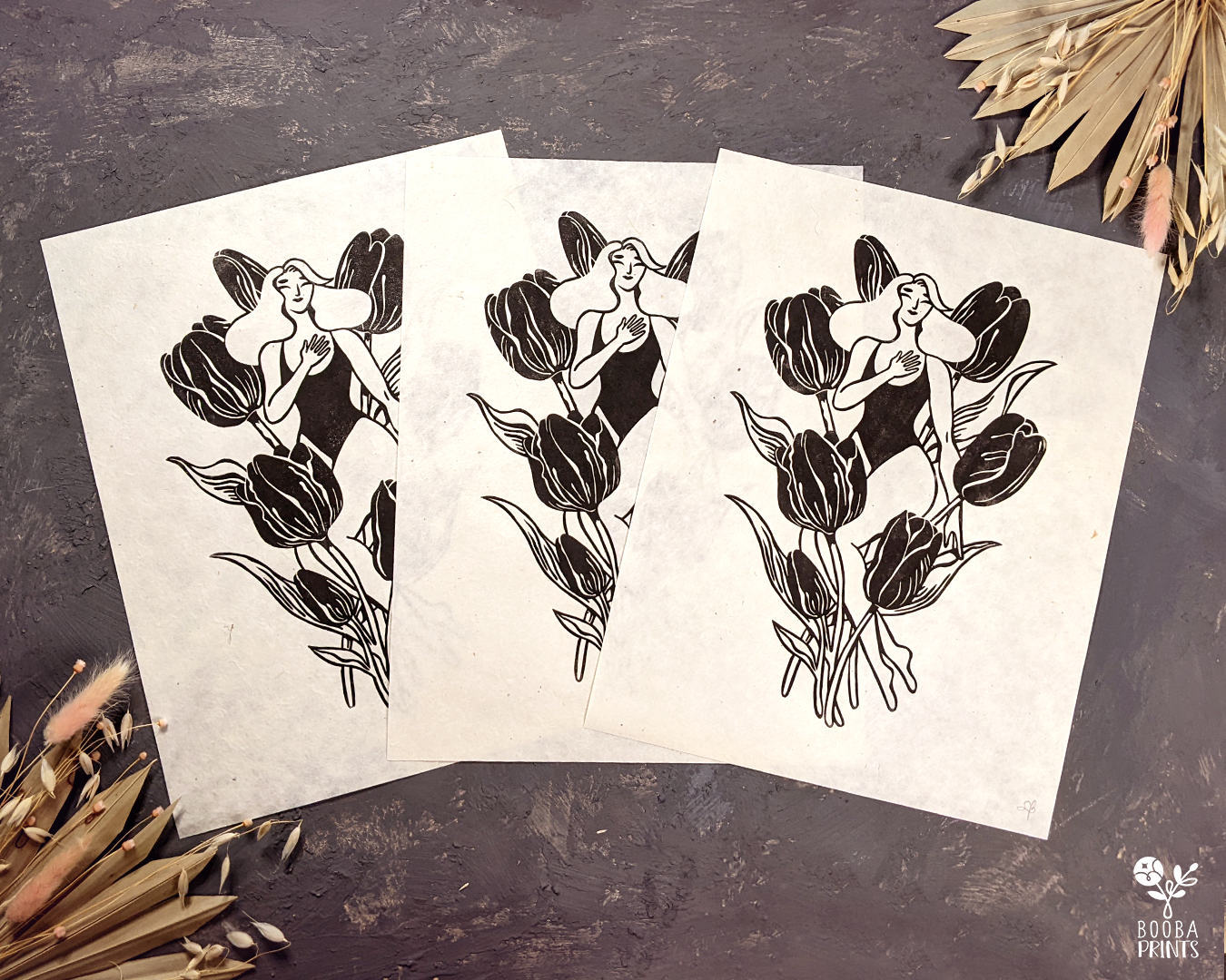 Original handmade linocut cut print of my "I Declare My Love For You" or Tulip Girl. As part of the Flower Language, the tulip used to symbolize that meaning of "I declare my love for you" which inspired me to create this romantic print. Printed in black with oil based ink on Lokta paper 55 gsm. Boho print for home decor. Flower lover Wall art. Prints by Booba Prints, 11x14 inches print. Valentine's Day gift or an anniversary gift.