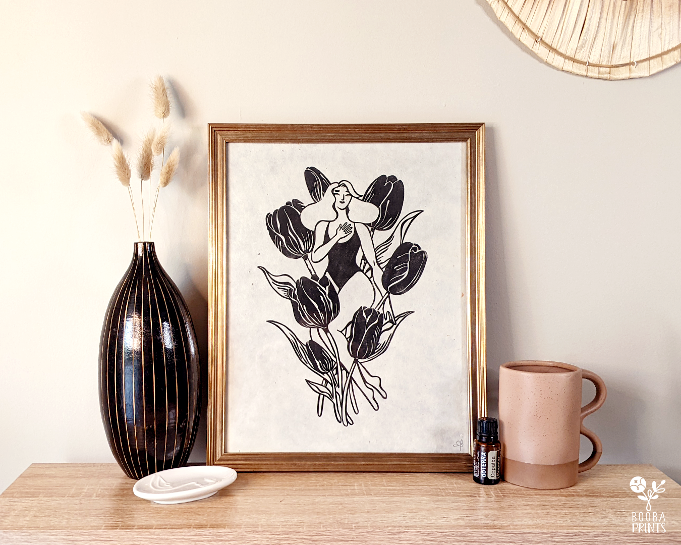 Original handmade linocut cut print of my "I Declare My Love For You" or Tulip Girl. As part of the Flower Language, the tulip used to symbolize that meaning of "I declare my love for you" which inspired me to create this romantic print. Printed in black with oil based ink on Lokta paper 55 gsm. Boho print for home decor. Flower lover Wall art. Prints by Booba Prints, 11x14 inches print. Valentine's Day gift or an anniversary gift.