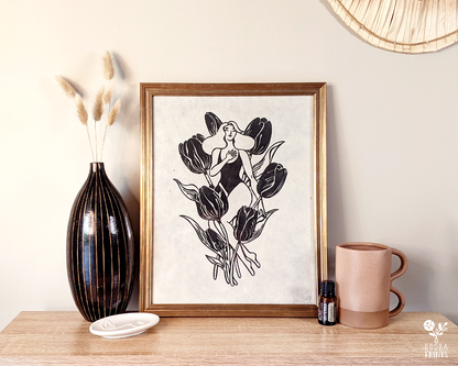 Original handmade linocut cut print of my "I Declare My Love For You" or Tulip Girl. As part of the Flower Language, the tulip used to symbolize that meaning of "I declare my love for you" which inspired me to create this romantic print. Printed in black with oil based ink on Lokta paper 55 gsm. Boho print for home decor. Flower lover Wall art. Prints by Booba Prints, 11x14 inches print. Valentine's Day gift or an anniversary gift.