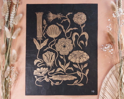 #1 Golden Flowers Linocut Print