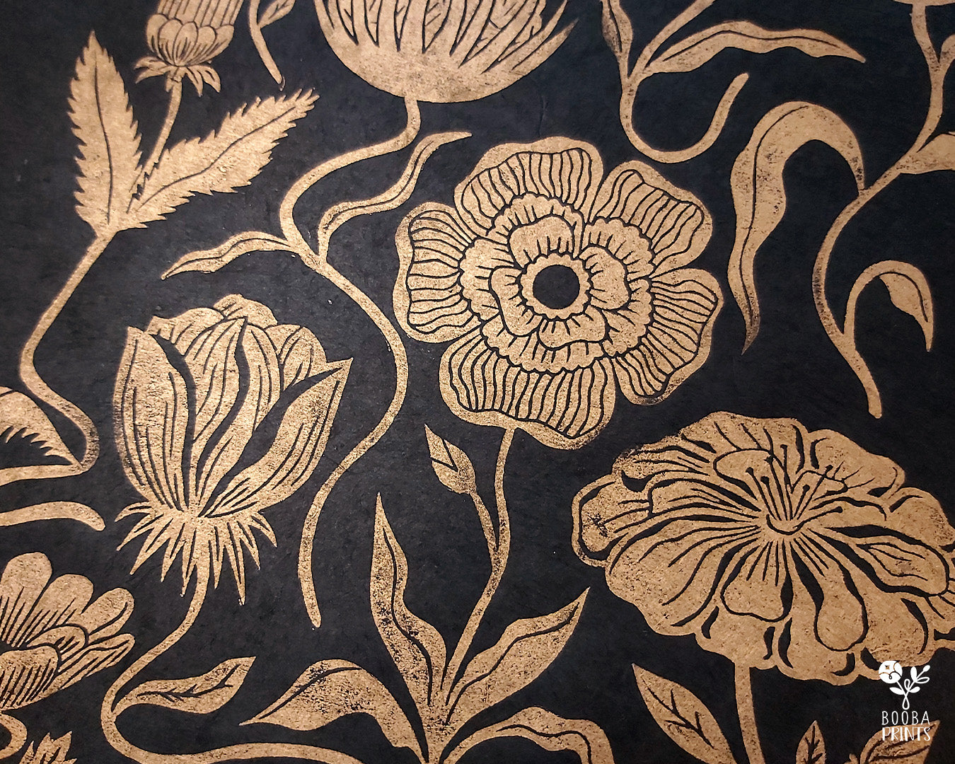 Handmade and original linocut floral print. Floral composition printed in metallic gold on black Lokta paper. Flower love gift. Floral print by Booba Prints. Art by Booba Prints