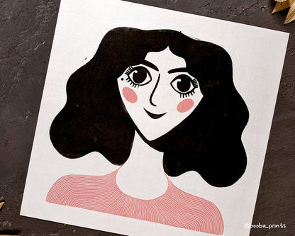 Whimsical Lady Portrait 2 Color Linocut Print ✷ 50%-65% Off