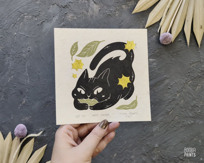 Cat Eating Leaf Linocut Print "Mess Maker"  Whimsical Cat Art ✷ 20% Off!