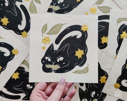 Cat Eating Leaf Linocut Print "Mess Maker" ✷ Whimsical Cat Art