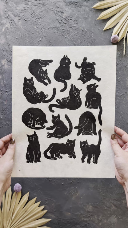 12 Cute Cats Original Linocut Print ✷ 30%-50% Off!