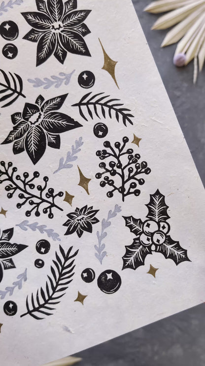 Christmas Flowers Linocut Print ✷ 60% Off