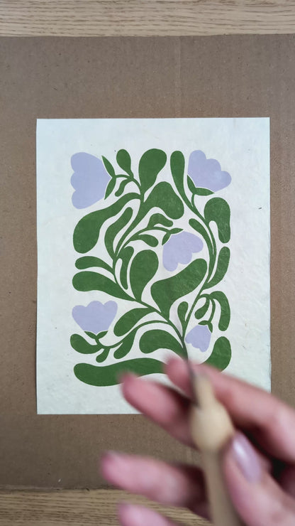 Floral Linocut Print Green & Lavender Stylized "Garden Bloom" Flower ✷ Hand Embroidered Original Artwork