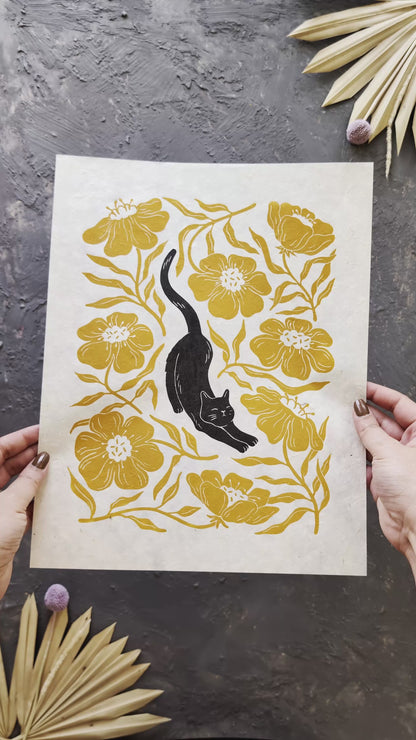 Stretchy Cat & Orange Flowers Linocut Print ✷ 20% Off