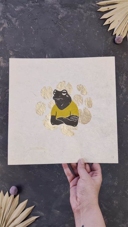 Cranky Frog & Golden Lily Pads Linocut Print ✷ 35% Off