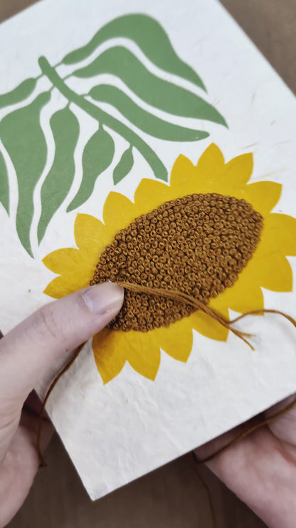 Hand Embroidered Floral Linocut Print ✷ "Sunshine Flower" Mixed Media Piece