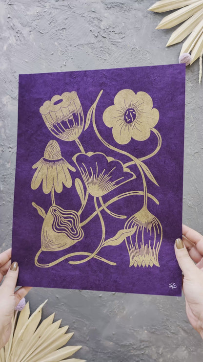 #6 Gold Flowers Linocut Print ✷ 50% Off!