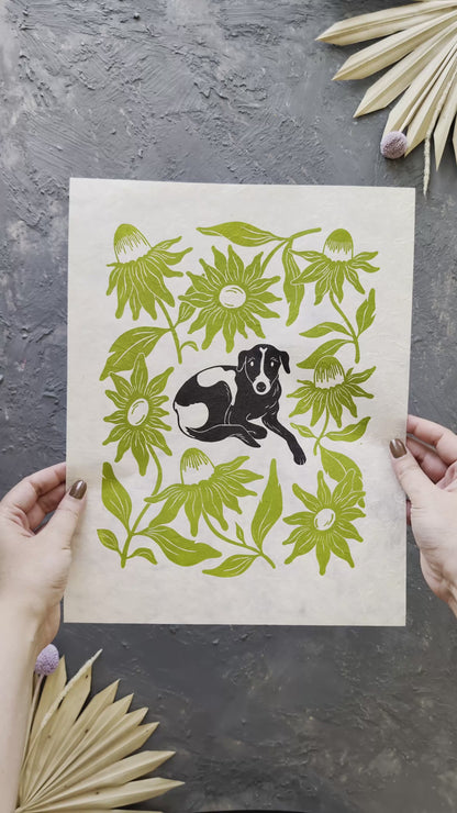 Cutie Dog & Green Flowers Linocut Print ✷ 25% Off!
