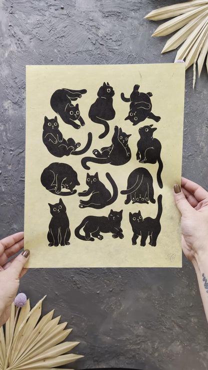 12 Cute Cats Original Linocut Print ✷ 30%-50% Off!