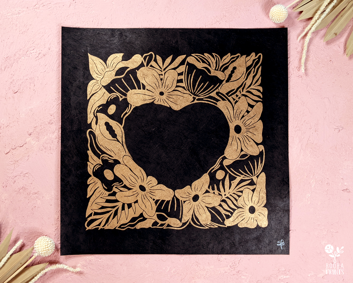 Original linocut print of floral heart in metallic gold, heart surrounded by flowers. Print for Valentine's Day or an anniversary gift. Gift for her, romantic print for special occasion. Print for home decor to inspire your space. Art by Booba Prints.