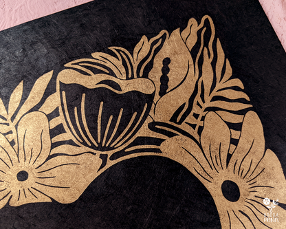 Original linocut print of floral heart in metallic gold, heart surrounded by flowers. Print for Valentine's Day or an anniversary gift. Gift for her, romantic print for special occasion. Print for home decor to inspire your space. Art by Booba Prints.