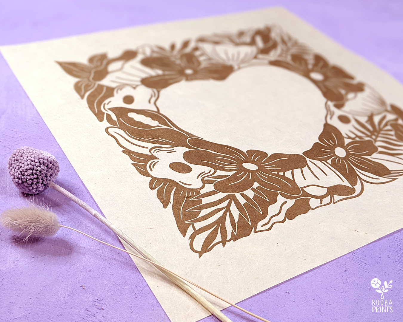 Original linocut print of floral heart in metallic gold, heart surrounded by flowers. Print for Valentine's Day or an anniversary gift. Gift for her, romantic print for special occasion. Print for home decor to inspire your space. Art by Booba Prints.