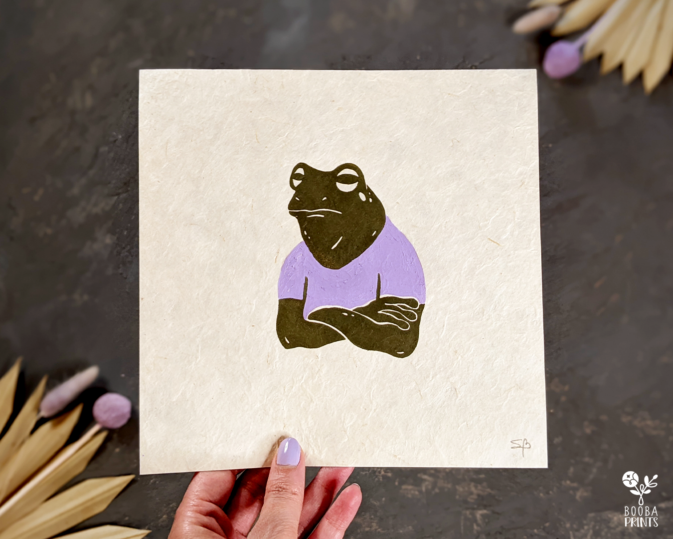 Original handmade linocut print of Senor Frog. Cranky Frog by Booba Prints studio.  Hand carved from linoleum block and printed on natural paper. Print for home decoration and gallery wall. Nature and animal lover print. Boho print for home decor. 