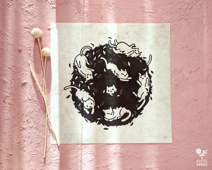 Handmade linocut original print of Cat Bush. Inspired by Kate Bush song "Running Up That Hill". Cat lover print. Cat print for home decorations. Printed with black oil based ink on natural Lokta paper 55 gsm.