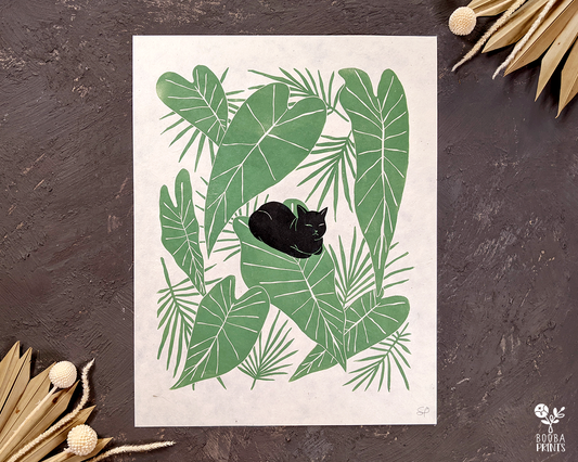 Handmade original Cat Loaf/catloaf and leaves print. Printed with black and green or black and gold oil based ink on natural Lokta paper. Cat lover gift. Cat print. Cat lover print for home decoration. 11x14 inches print