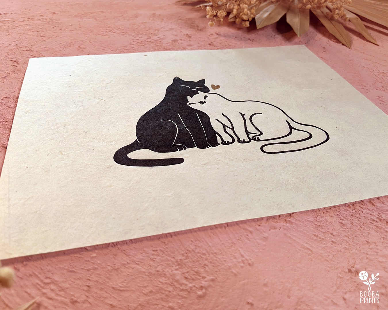 Handmade original linocut print of Snuggly Cats. Perfect Valentine's Day gift or an anniversary gift. Printed with black oil based ink on natural Lokta paper 55 gsm. finished with gold or lavender heart. 2 color print for cat lovers. Print for home decorations. 8x10 inches print. Art by Booba Prints.