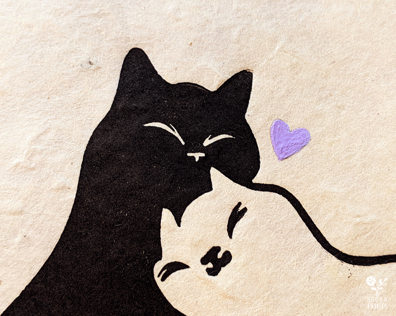 Handmade original linocut print of Snuggly Cats. Perfect Valentine's Day gift or an anniversary gift. Printed with black oil based ink on natural Lokta paper 55 gsm. finished with gold or lavender heart. 2 color print for cat lovers. Print for home decorations. 8x10 inches print. Art by Booba Prints.