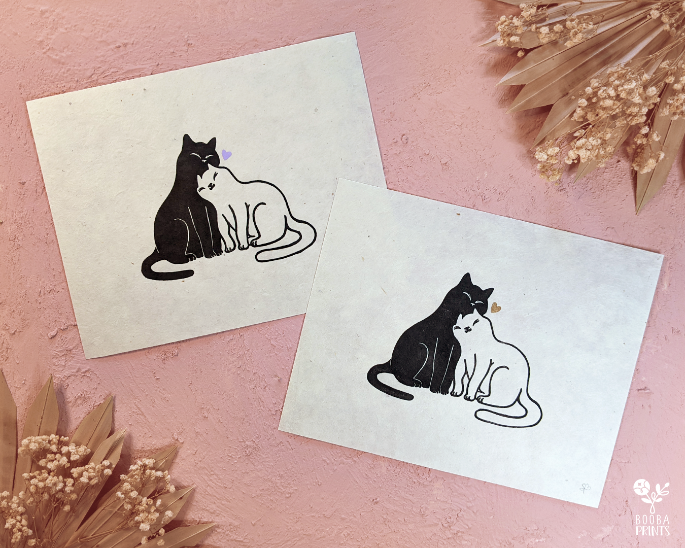 Handmade original linocut print of Snuggly Cats. Perfect Valentine's Day gift or an anniversary gift. Printed with black oil based ink on natural Lokta paper 55 gsm. finished with gold or lavender heart. 2 color print for cat lovers. Print for home decorations. 8x10 inches print. Art by Booba Prints.